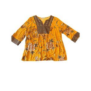 Soft Surroundings Womens 1X Mustard Floral Embroidered Boho 3/4 Sleeves
